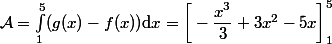 \mathcal{A}=\int_1^5 (g(x)-f(x))\mathrm{d}x=\bigg[-\dfrac{x^3}{3}+3x^2-5x \bigg ]_1^5